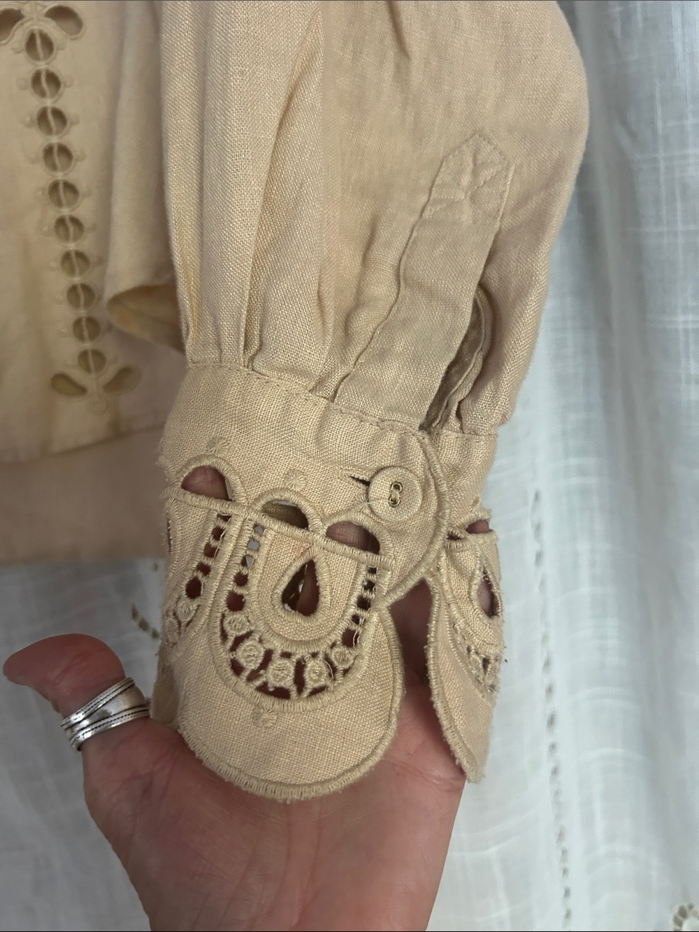 FARM Rio Palms Richelieu linen Cutwork Button-Front shirt in sand. - Picture 5 of 8